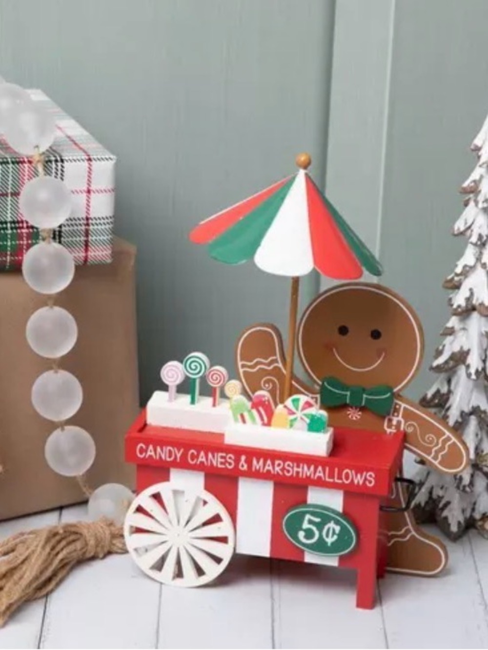 Festive Gingerbread Candy Cart Holiday Table Decor - Red/Green/White